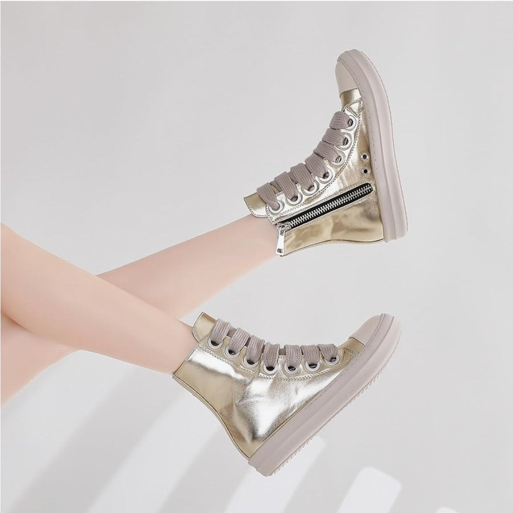 Womens High Top Sneakers Thick Shoe Laces PU Leather Comfort Platform Walking Shoes with Zipper