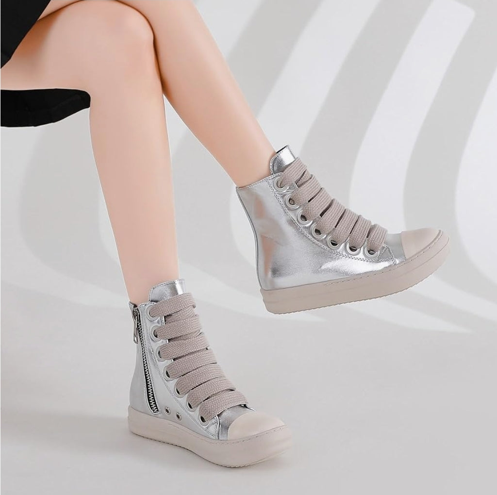 Womens High Top Sneakers Thick Shoe Laces PU Leather Comfort Platform Walking Shoes with Zipper