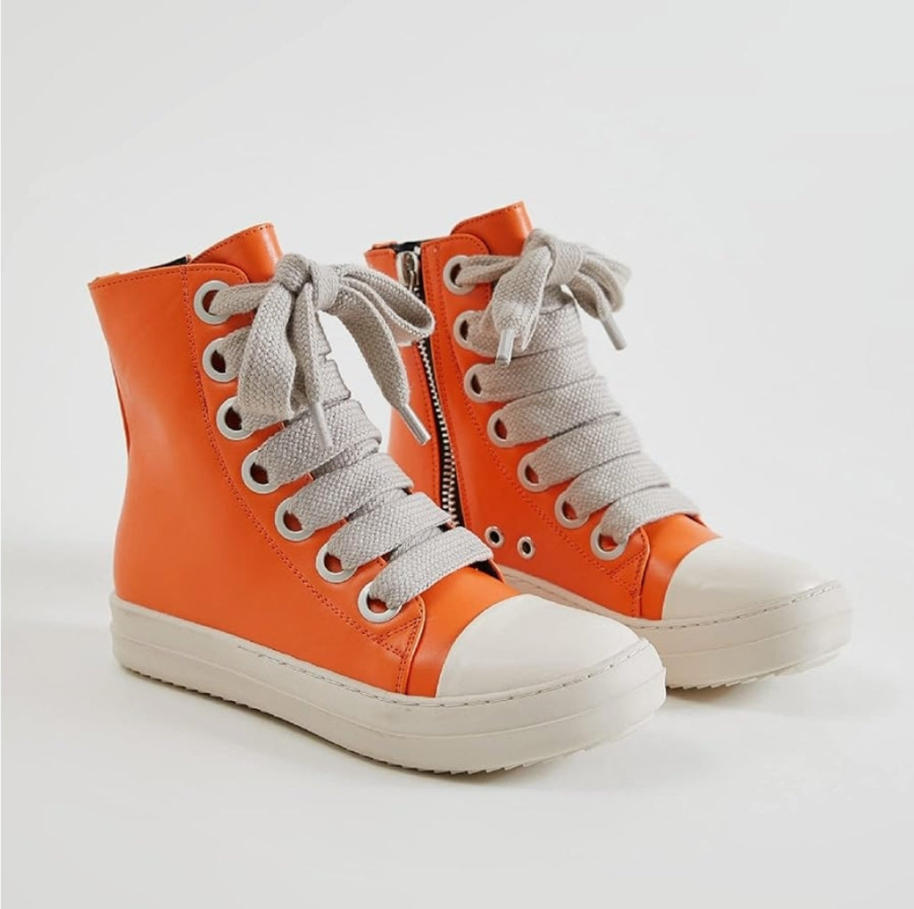 Womens High Top Sneakers Thick Shoe Laces PU Leather Comfort Platform Walking Shoes with Zipper