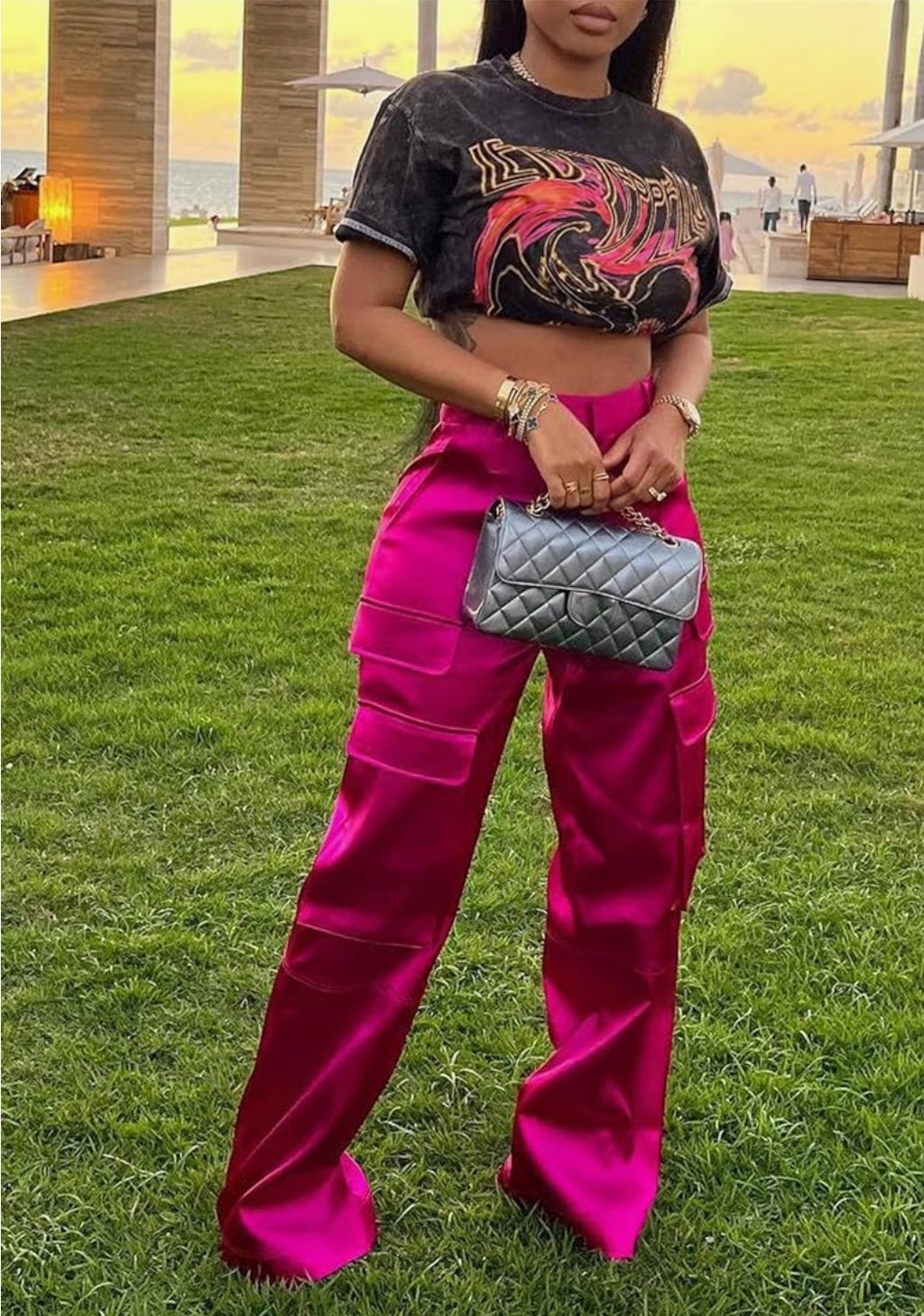 Women High Waisted Satin Cargo Pants Wide Leg Casual Pants Multi Pockets Straight Trousers