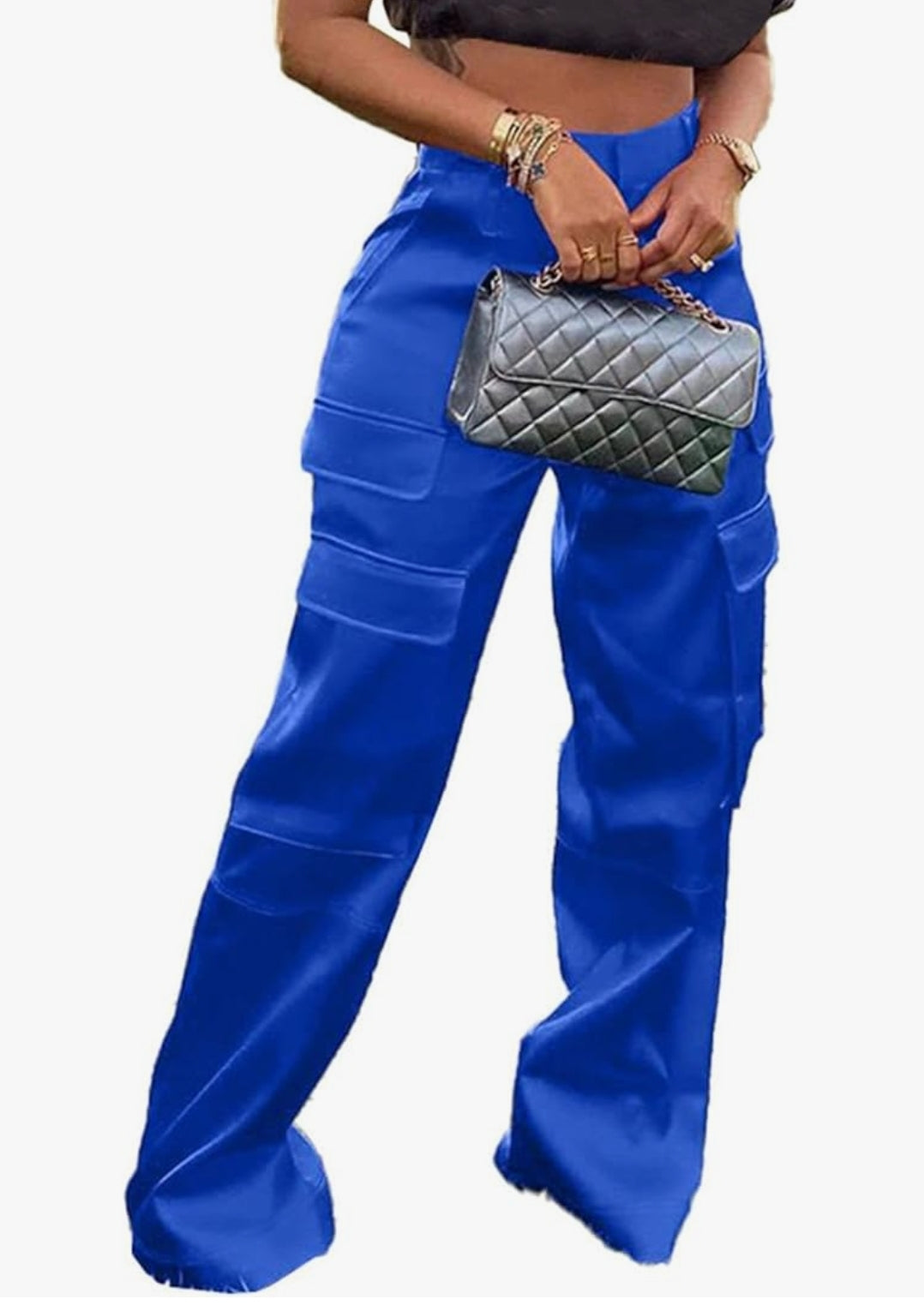 Women High Waisted Satin Cargo Pants Wide Leg Casual Pants Multi Pockets Straight Trousers