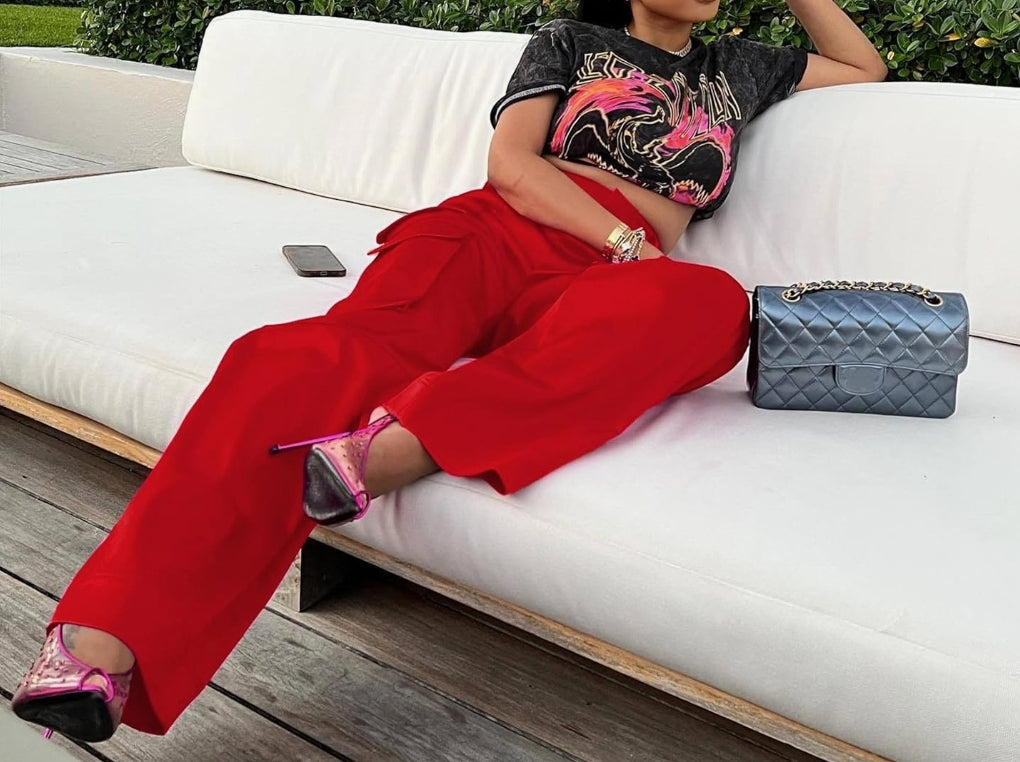 Women High Waisted Satin Cargo Pants Wide Leg Casual Pants Multi Pockets Straight Trousers