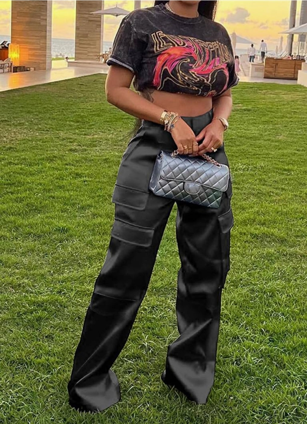 Women High Waisted Satin Cargo Pants Wide Leg Casual Pants Multi Pockets Straight Trousers
