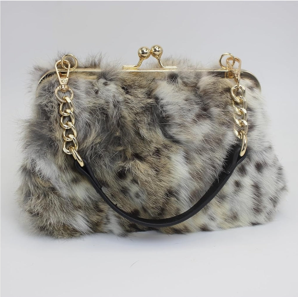 Elegant Leopard Print Rex Rabbit Fur Handbag
