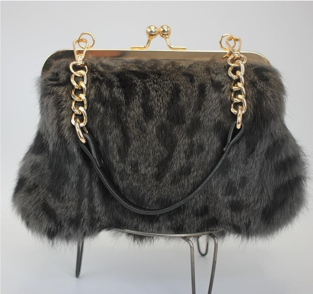 Elegant Leopard Print Rex Rabbit Fur Handbag