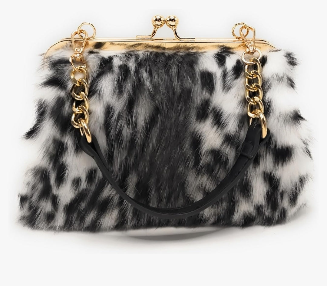 Elegant Leopard Print Rex Rabbit Fur Handbag