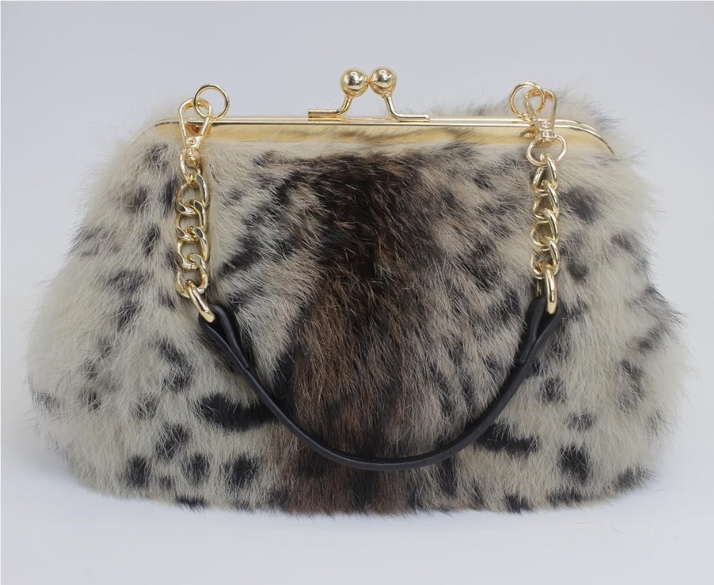 Elegant Leopard Print Rex Rabbit Fur Handbag