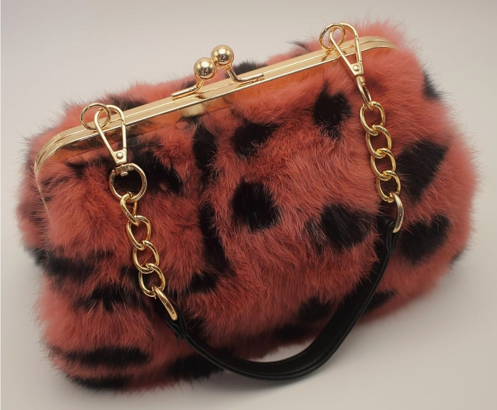 Elegant Leopard Print Rex Rabbit Fur Handbag