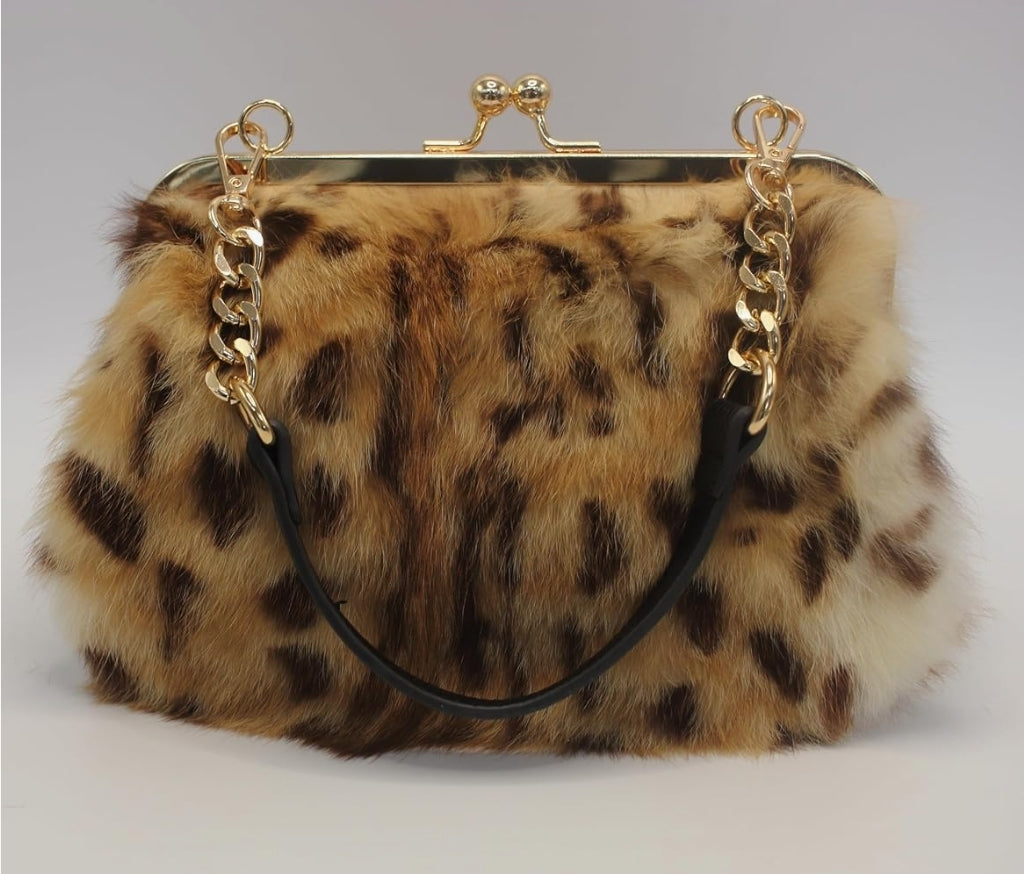 Elegant Leopard Print Rex Rabbit Fur Handbag