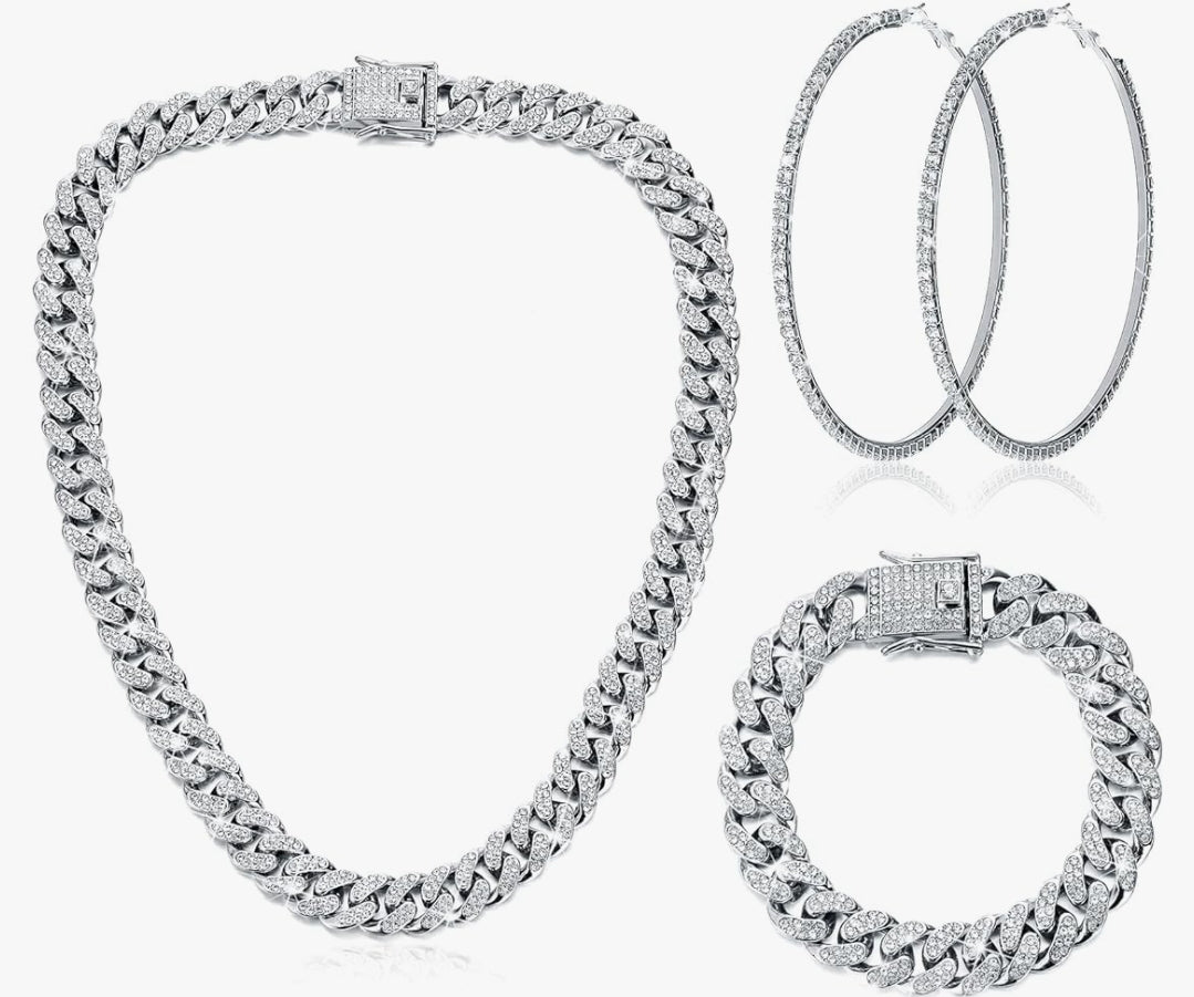 Cuban Link Chain Necklace Bracelet Rhinestone Earrings Bling Necklace Bracelet Crystal Big Circle Earring for Women