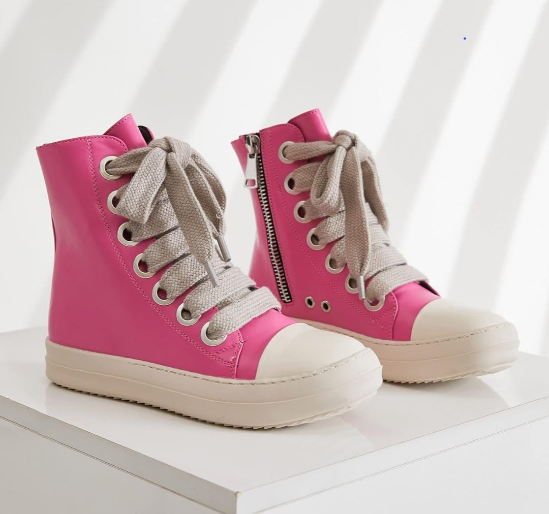 Womens High Top Sneakers Thick Shoe Laces PU Leather Comfort Platform Walking Shoes with Zipper