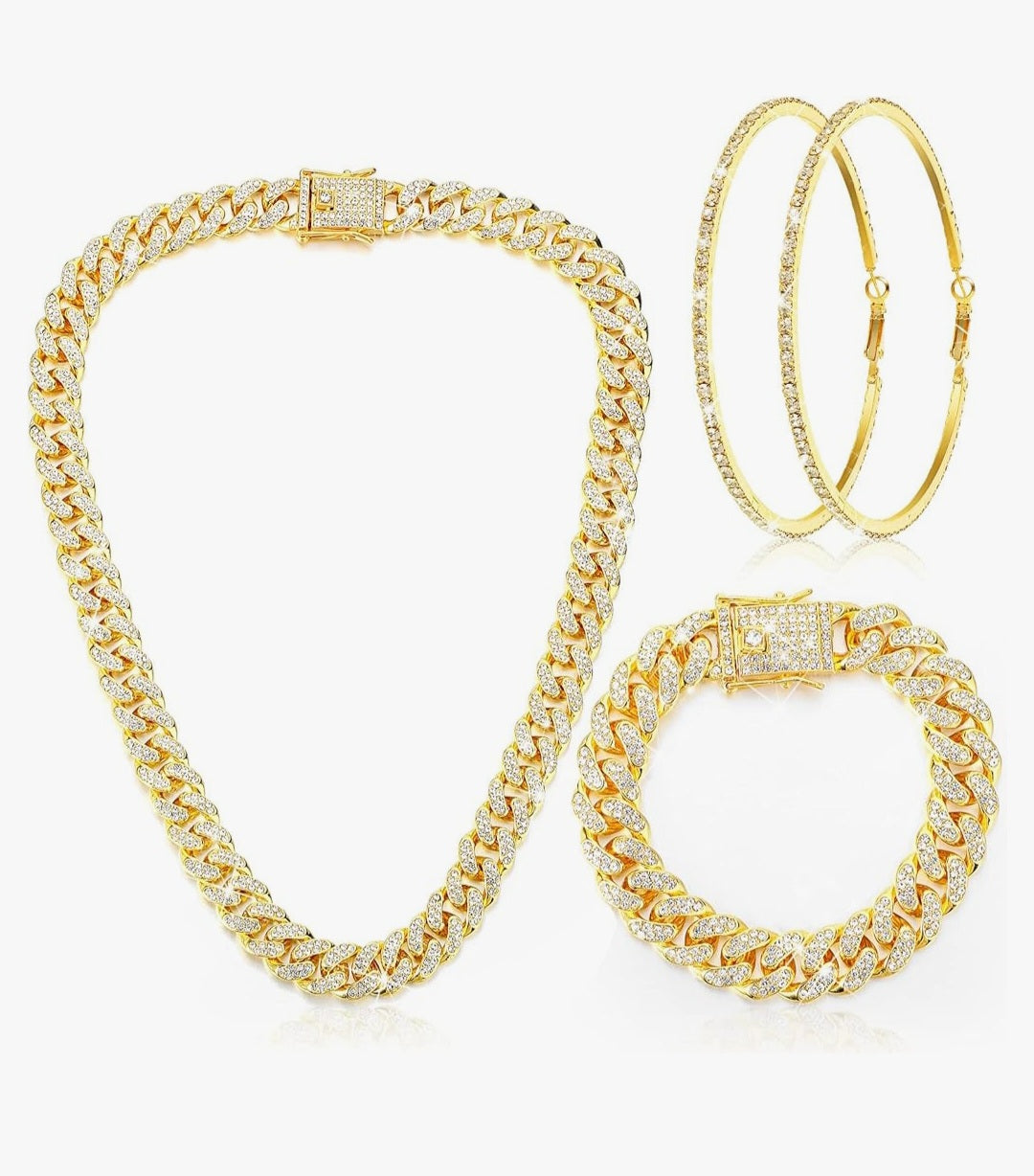 Cuban Link Chain Necklace Bracelet Rhinestone Earrings Bling Necklace Bracelet Crystal Big Circle Earring for Women