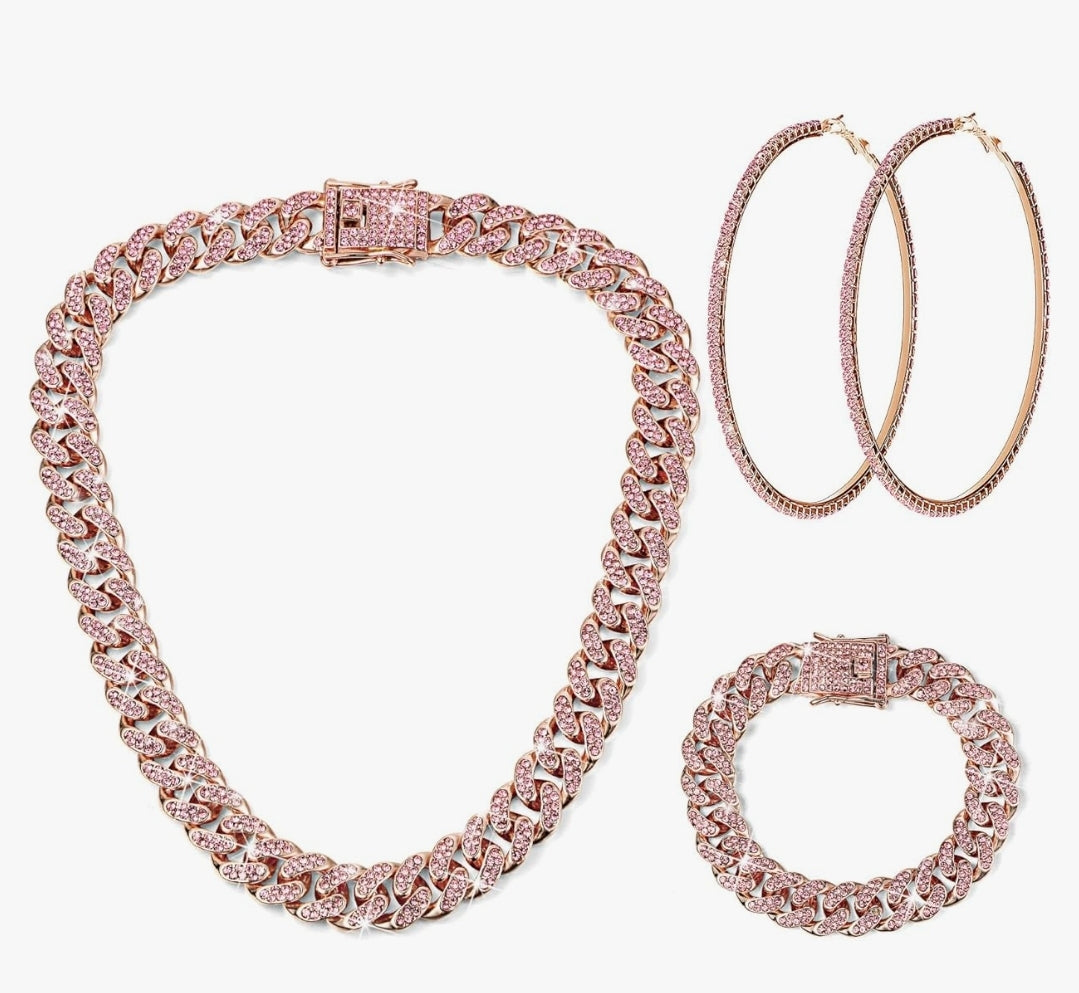 Cuban Link Chain Necklace Bracelet Rhinestone Earrings Bling Necklace Bracelet Crystal Big Circle Earring for Women