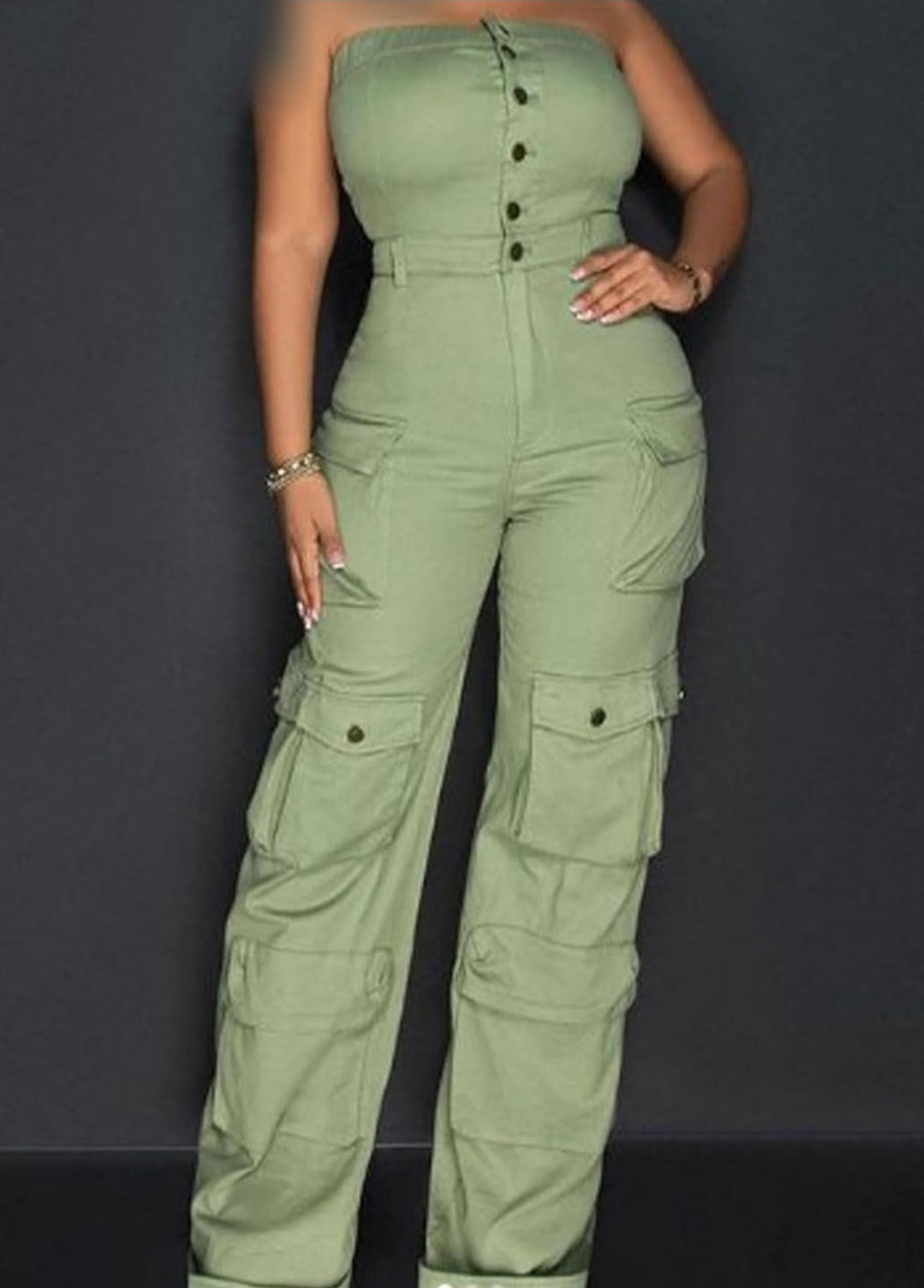 Casual Cargo Denim Jumpsuit for Women, Elastic Stretch Multi Pockets Button Down Straight Leg Jeans Jumpsuits