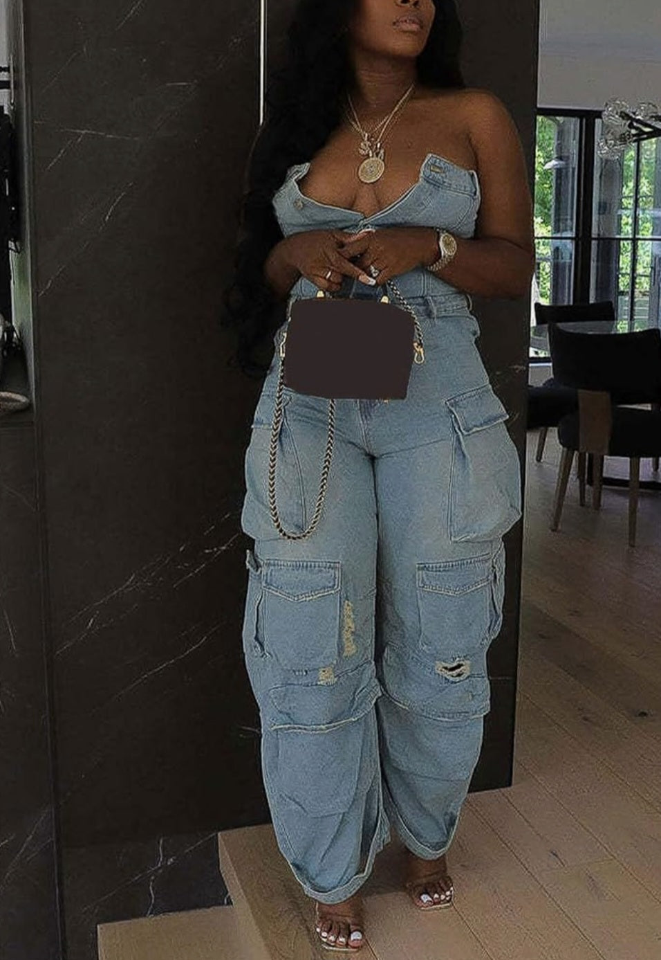 Casual Cargo Denim Jumpsuit for Women, Elastic Stretch Multi Pockets Button Down Straight Leg Jeans Jumpsuits