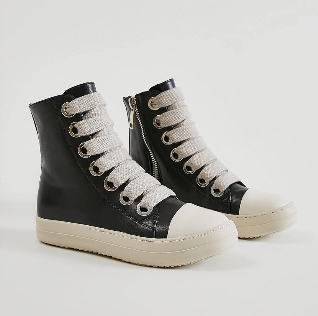Womens High Top Sneakers Thick Shoe Laces PU Leather Comfort Platform Walking Shoes with Zipper