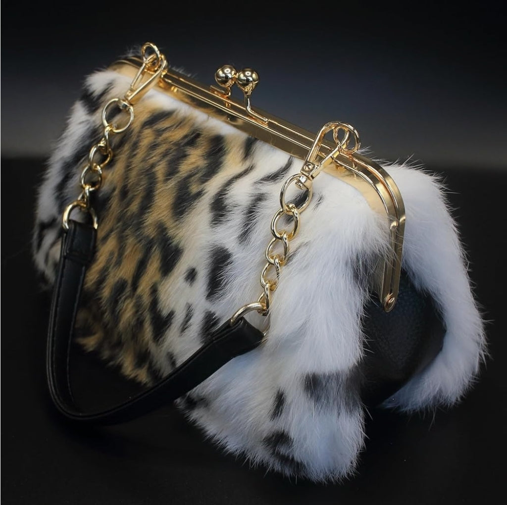 Elegant Leopard Print Rex Rabbit Fur Handbag