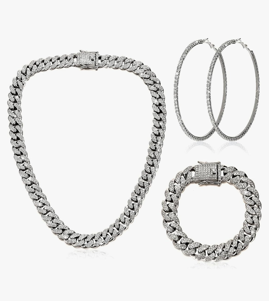 Cuban Link Chain Necklace Bracelet Rhinestone Earrings Bling Necklace Bracelet Crystal Big Circle Earring for Women