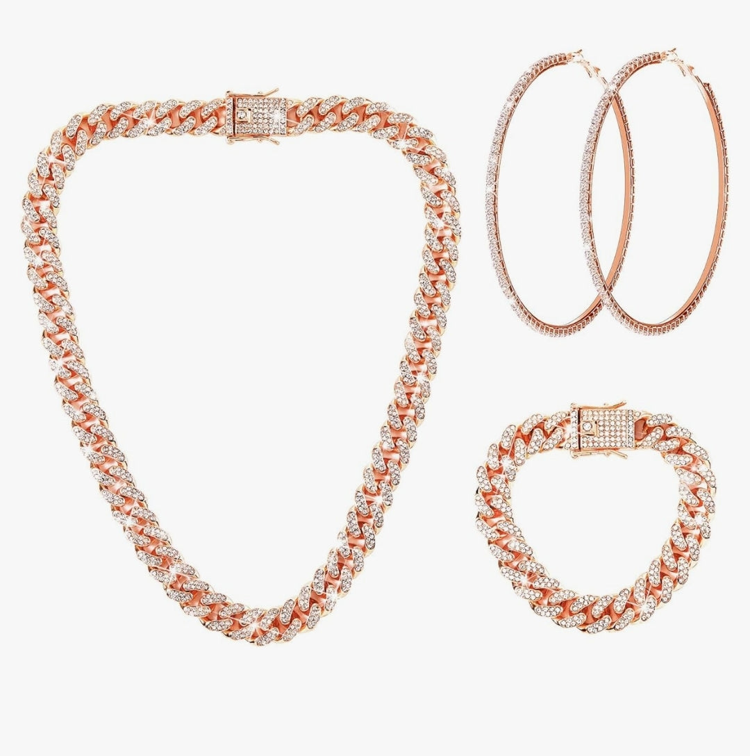 Cuban Link Chain Necklace Bracelet Rhinestone Earrings Bling Necklace Bracelet Crystal Big Circle Earring for Women