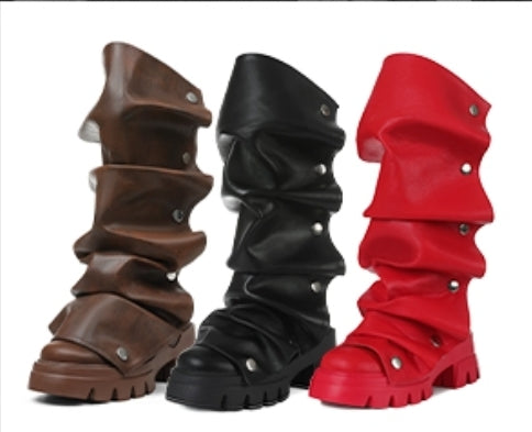 Mid Calf Boots For Women,Fold Over Slouchy Platform Dress Chunky Stacked Round Toe