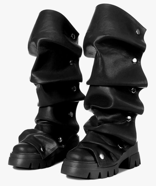 Mid Calf Boots For Women,Fold Over Slouchy Platform Dress Chunky Stacked Round Toe