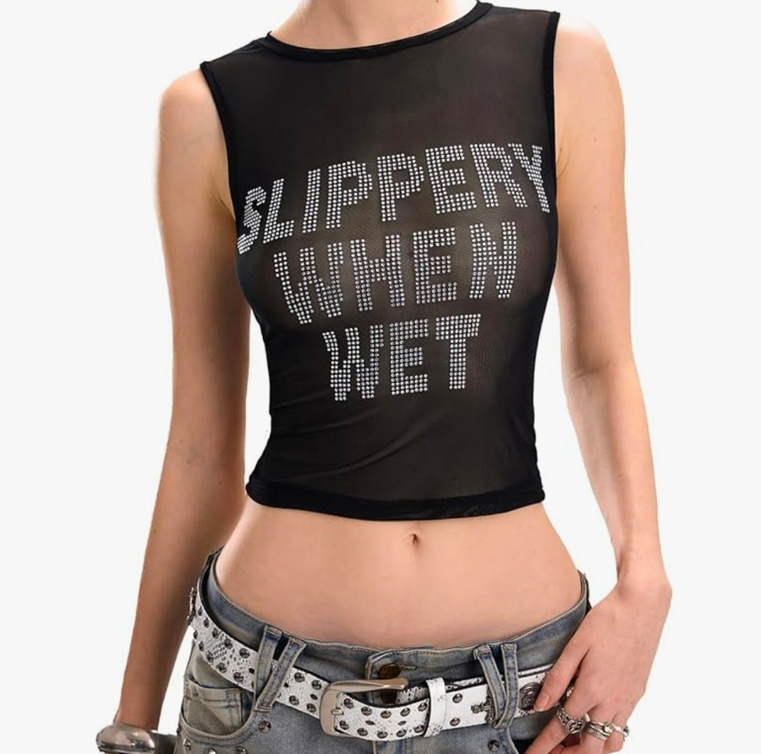 Women's Sparkly Rhinestone Mesh Tank Top Sheer Letter Print Sleeveless Crop Tops