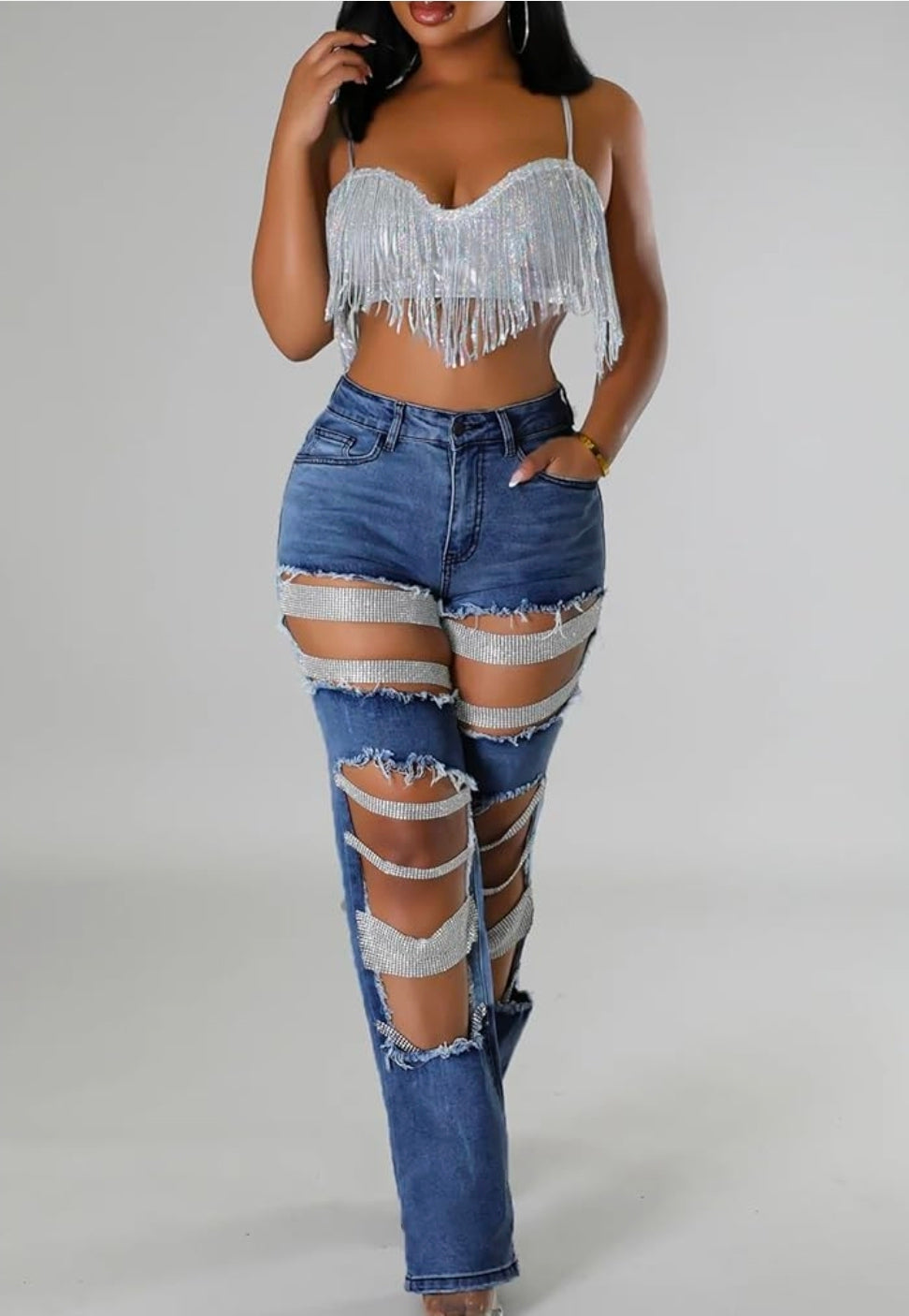 Womens Sexy Ripped Jeans High Waisted Rhinestones Pearl Chains Distressed Baggy Jeans Party Clubwear Denim Pants