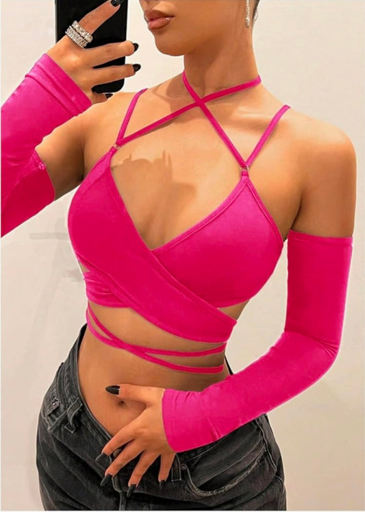 Women's Criss Cross Strappy Wrap Crop Top Long Sleeve Halter Sexy Going Out shirt