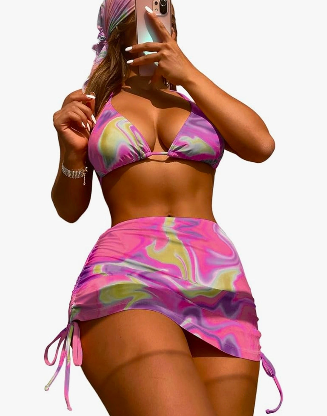 Women's 4 Piece Swimsuits Halter Triangle Bikini Sets Bathing Suit with Mesh Cover Up Skirt & Bandana